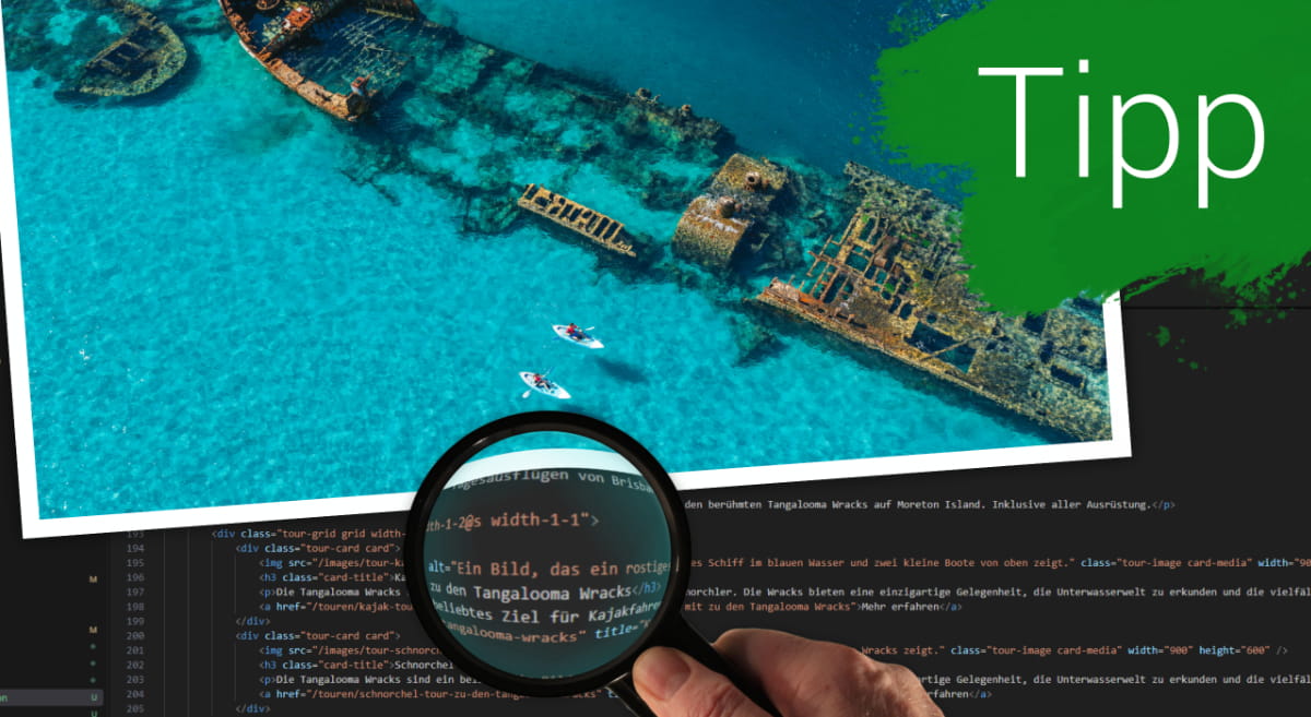 Mit einer Lupe wird der HTML Quelltext eines Bildes, welches darüber zu sehen ist, an der Stelle des Alternativtextes hervorgehoben.