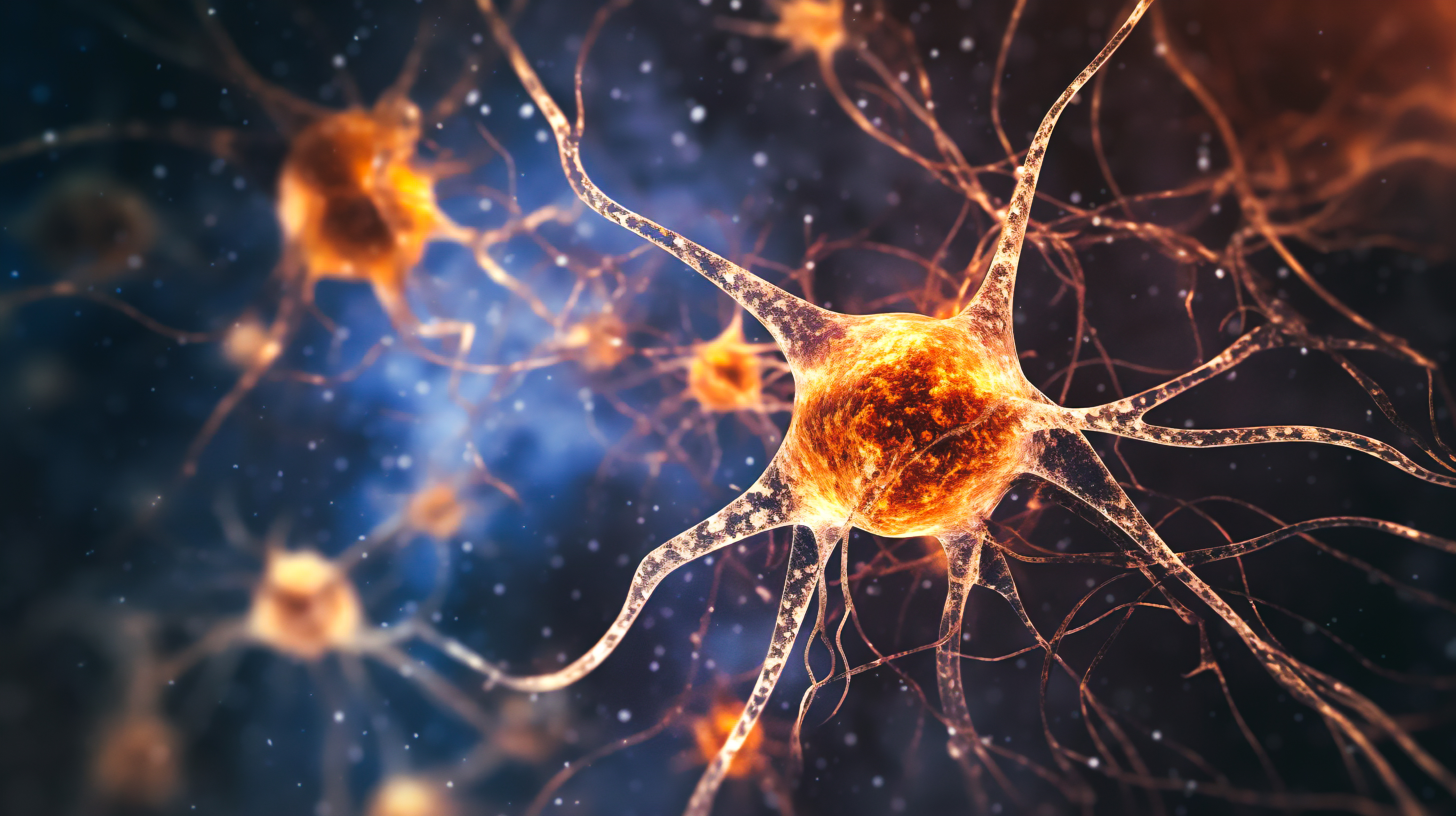 Eine Nahaufnahme eines menschlichen Gehirns, mit dem Fokus auf einer Astrozytenzelle inmitten eines Meeres von Neuronen (Generative KI)